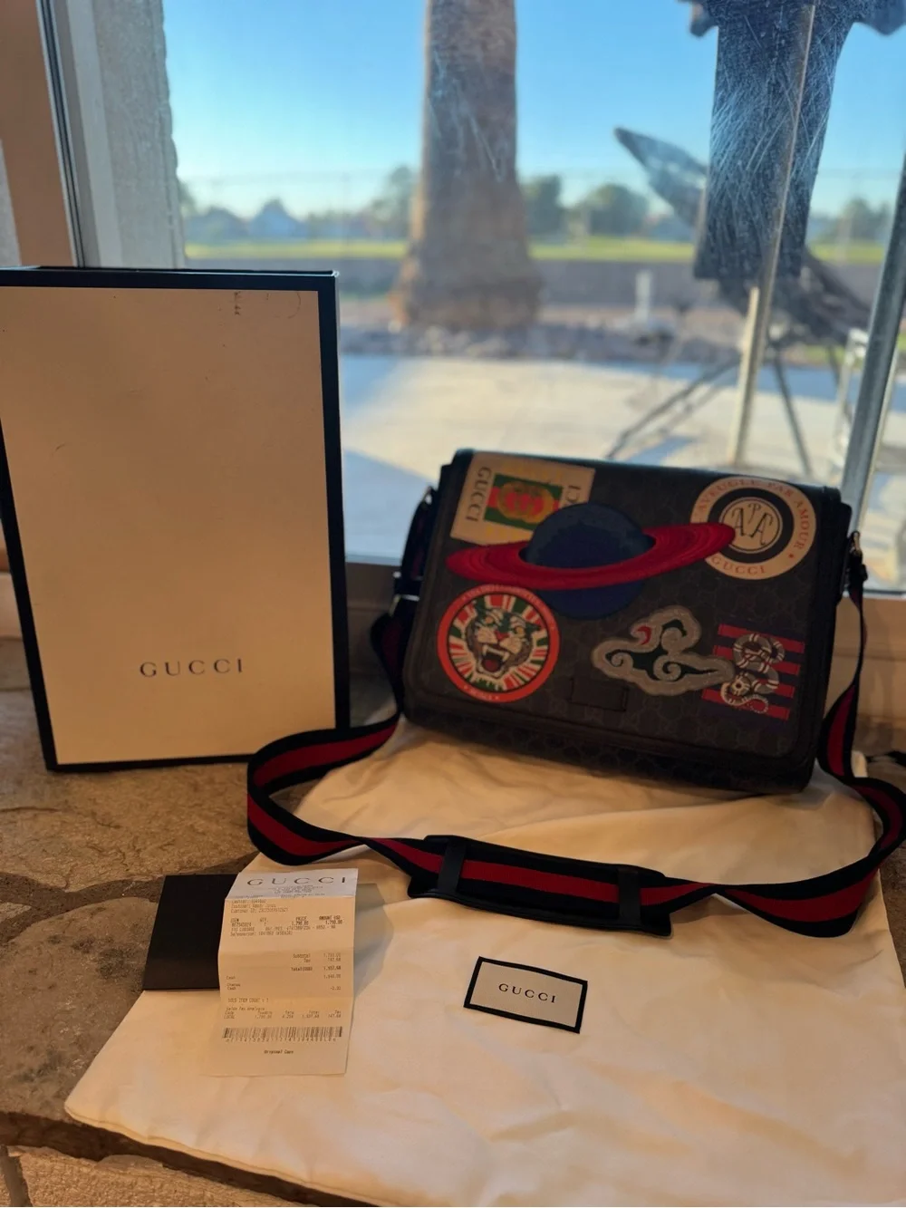 Gucci Navy GG Supreme Messenger Bag with Multicolor Planet & Patch Accents
